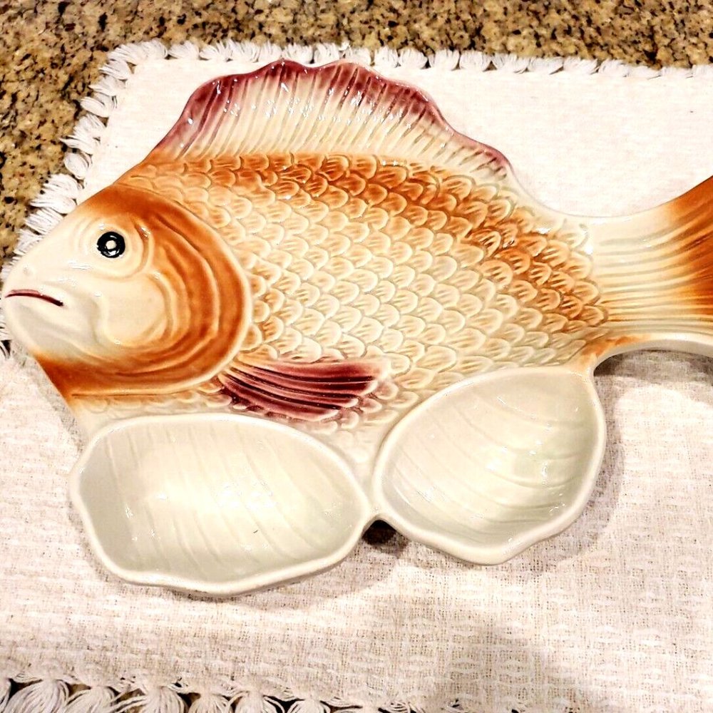 Colorful Ceramic Hand Painted Nautical Fish Serving Platter w/2 dip dishes/bowls